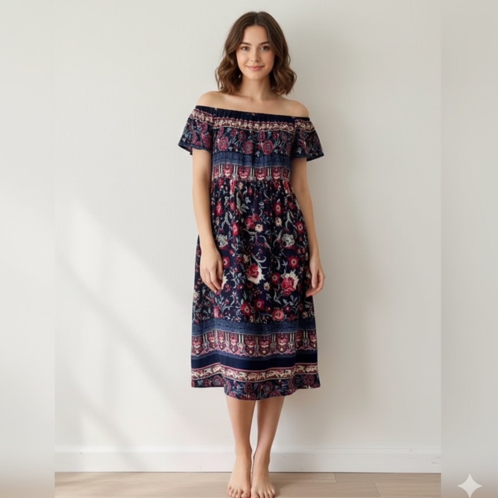 Elegant Floral Midi Dress with Ruffle Accents